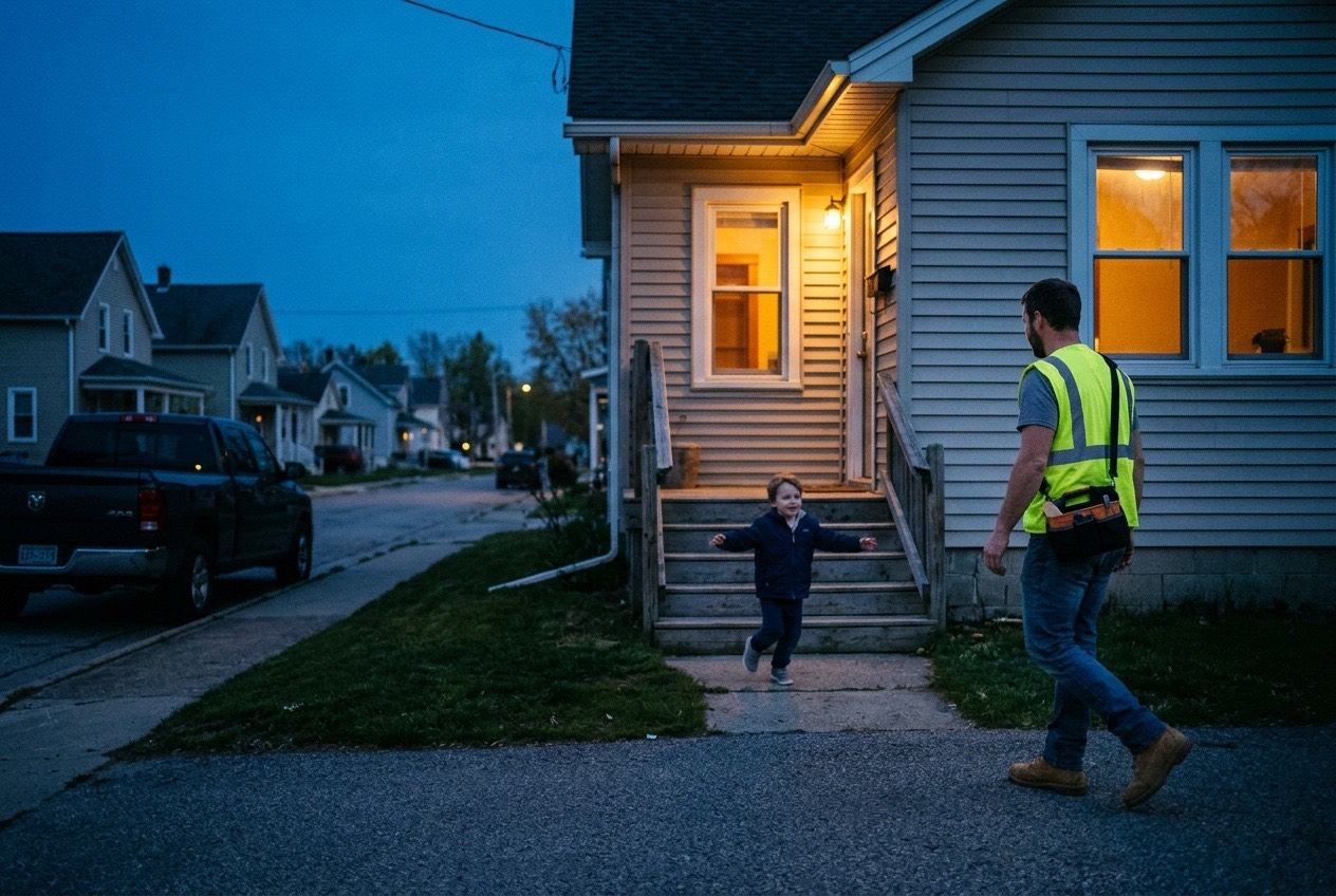 A tradesperson in a hi-vis vest walks up to his house at dusk as his child runs out to meet him